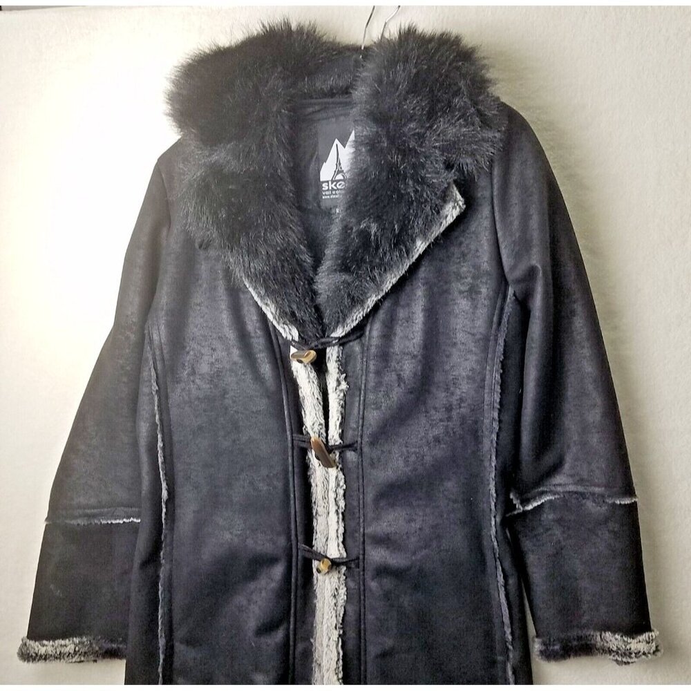 Skea black‎ maxi overcoat women's 10 plush faux sheep skin fur detachable collar